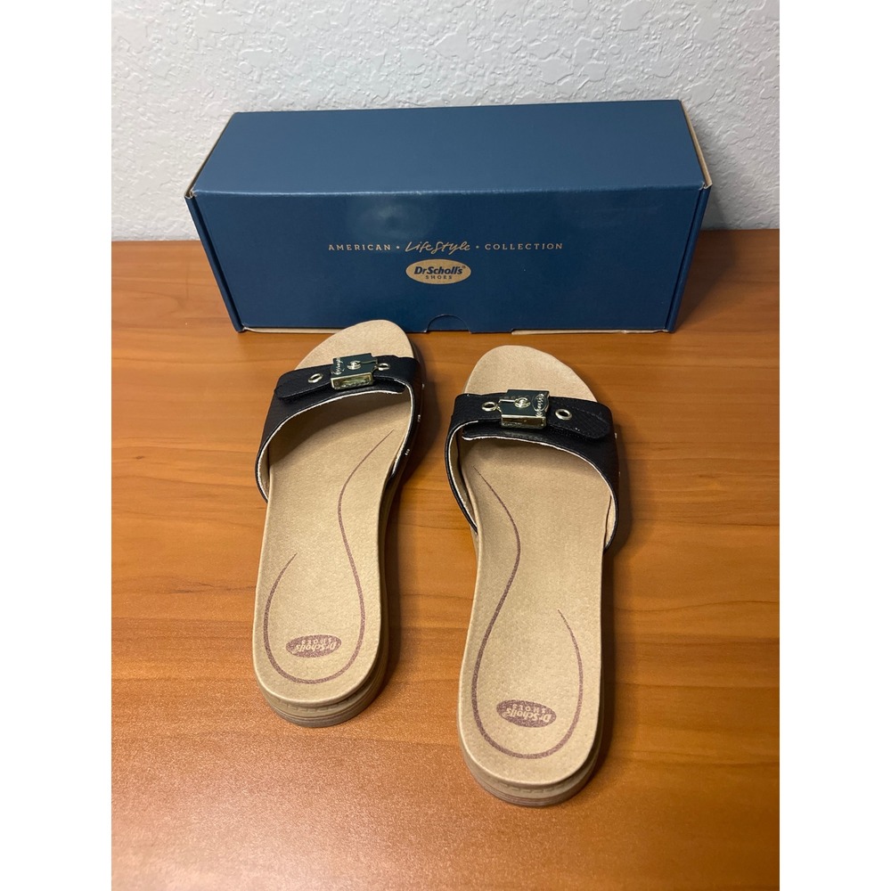 Dr. Scholls 9M Originalist Black Snakeskin Embossed Slide Sandals Gold Buckle - Picture 4 of 7